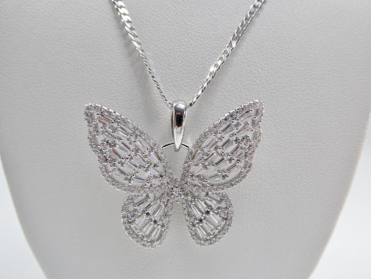 real 925 sterling silver baguette setting butterfly chain and pendent