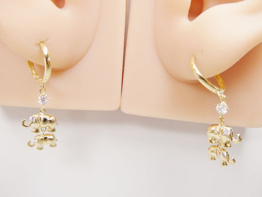 real 10k solid yellow gold double elephant dangling hoop huggie earring