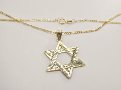 10k Yellow Gold Star of David Pendant Necklace: 18 inch Figaro Chain