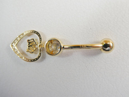 14k Real Solid Yellow Gold Dangling Crown Heart Belly Button Ring Piercing
