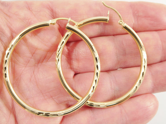 10k real solid yellow gold diomond cut hoop earring