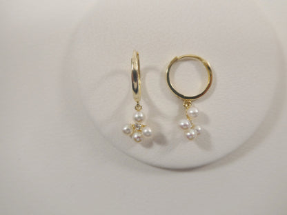 10k Real Yellow Gold Pearl Dangle Plain Huggie Earrings