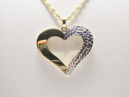 14k Real Solid Yellow Gold Two Tone Heart Pendent and Robe Necklace