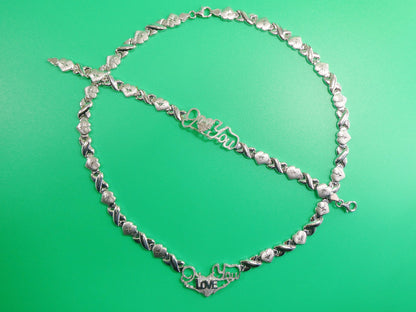 Sterling Silver XOXO Necklace Bracelet Set - 14k White Gold Tone