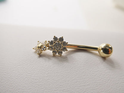 14k Real solid Yellow Gold Flower Bar Belly Button Ring Piercing