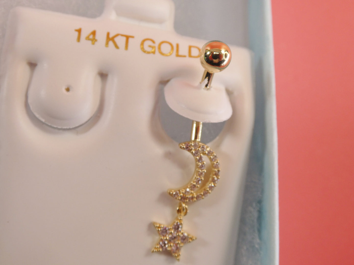 14k real solid yellow gold moon and star belly button ring piercing
