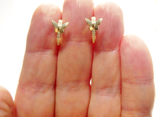 real 10k solid yellow gold designer butterfly hoop huggie earrings