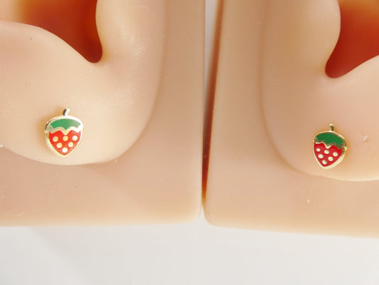 10k real solid gold kids enamel strawberry screw post earrings