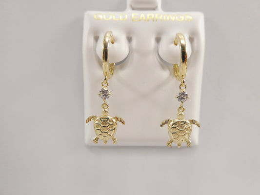 10k real yellow gold turtle dangle plain huggie earring