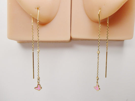 14k real solid yellow gold pink butterfly long dangling earring