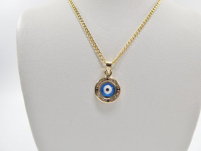 Real 14k Solid Yellow Gold 16 Inch Curb Chain and Evil Eye Pendent Charm