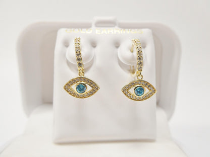 Real 10k Solid Yellow Gold Evil Eye Drop Hoop Huggie Earrings