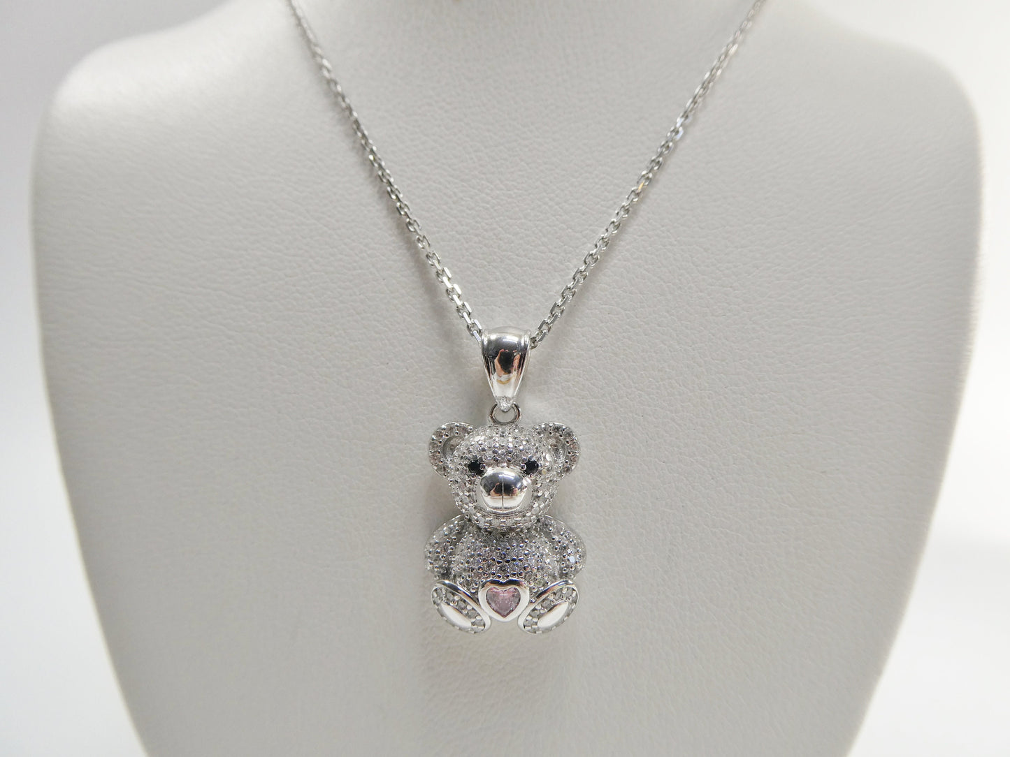 925 sterling silver teddy bear pink stone set chain and pendent