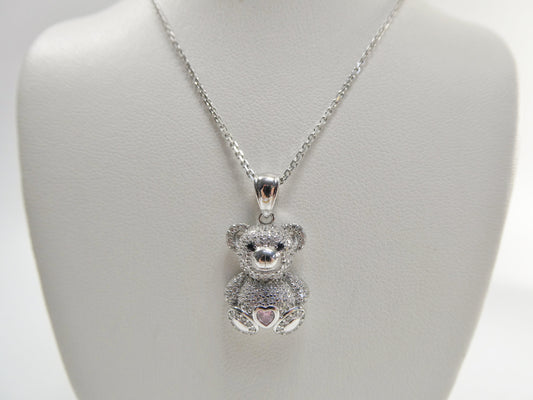 925 sterling silver teddy bear pink stone set chain and pendent