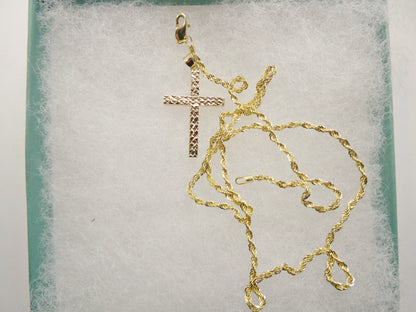 14k Real Solid Yellow Gold Diamond Cut Cross Pendent and Robe Necklace