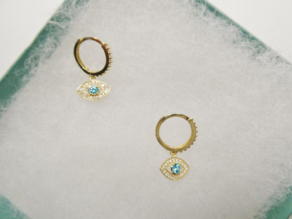 Real 10k Solid Yellow Gold Evil Eye Drop Hoop Huggie Earrings