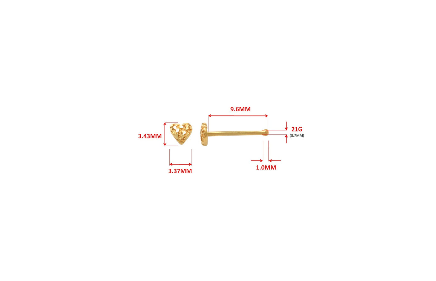 14k real solid yellow gold heart nose stud ring