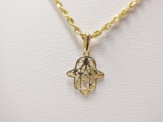 14k real solid yellow gold hand hamsa  pendent and rope necklace
