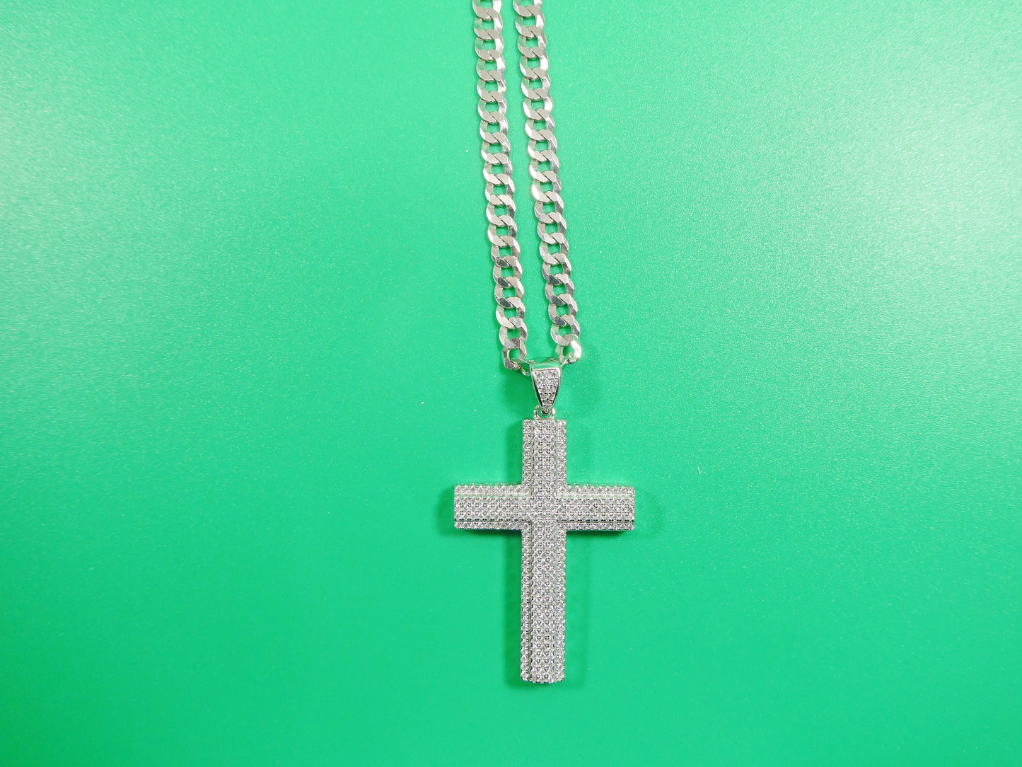 14k white gold color tone chain and large cross charm pendent over real 925 sterling silver