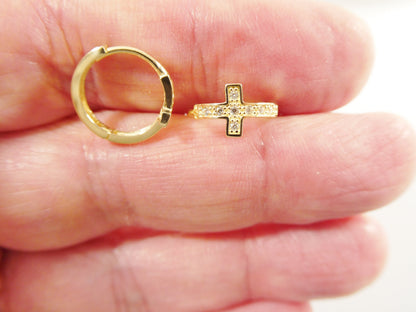 Real 10k Solid Yellow Gold Cross Hoop Huggie Earring