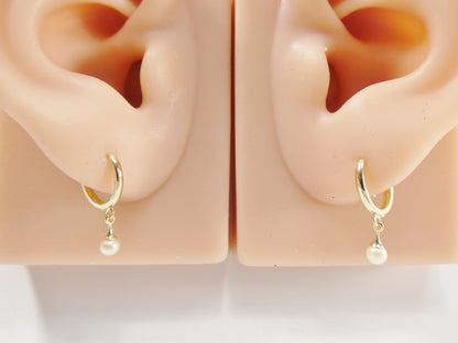 Real 10k Solid Yellow Gold Dangling Cultured Freshwater Pearl Plain Hoop Huggie Earrings