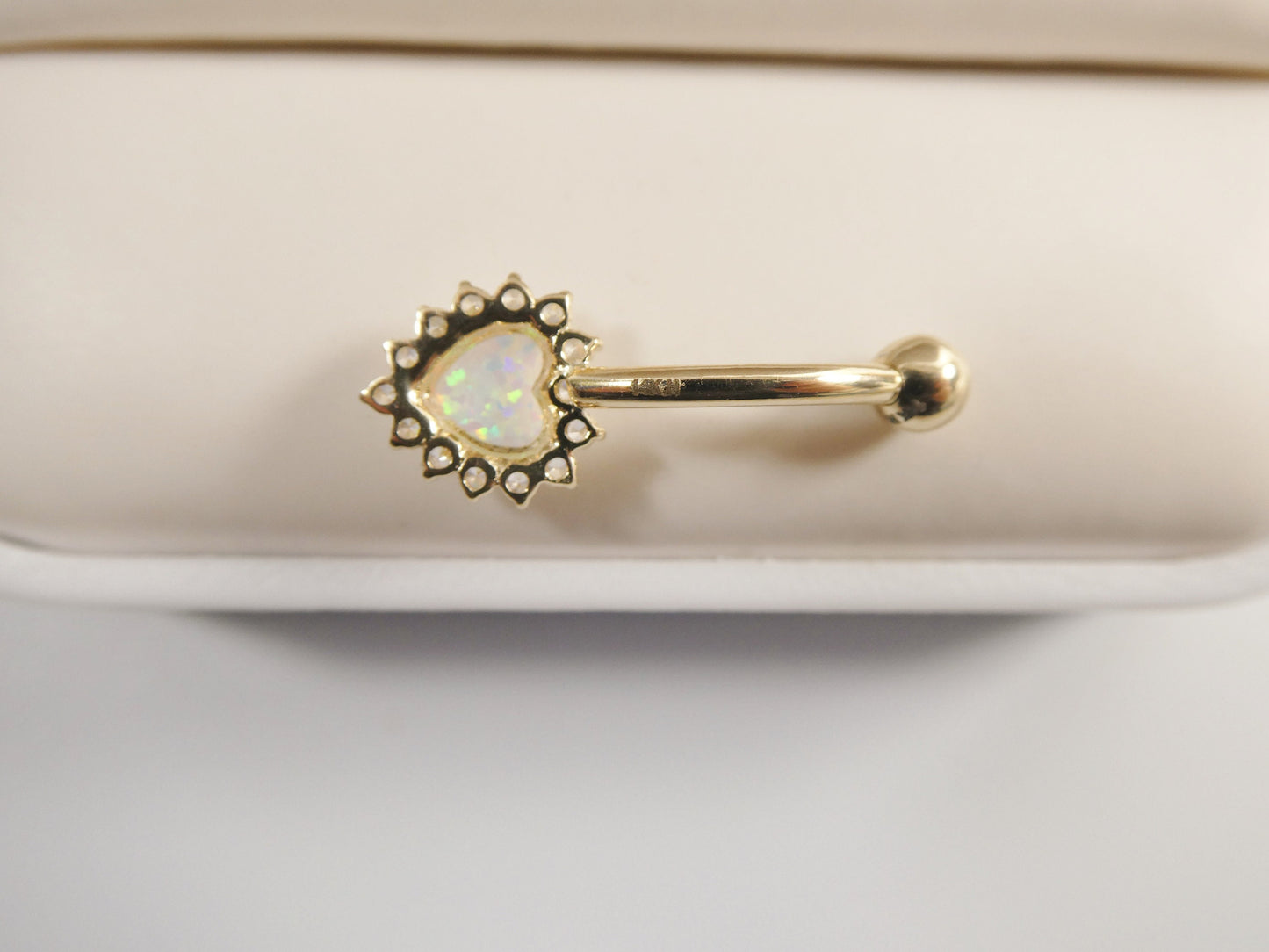 14k real solid yellow gold heart opal belly button ring piercing