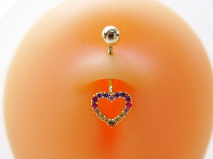 14k Real Solid Yellow Gold Rainbow Heart Belly Button Ring Piercing