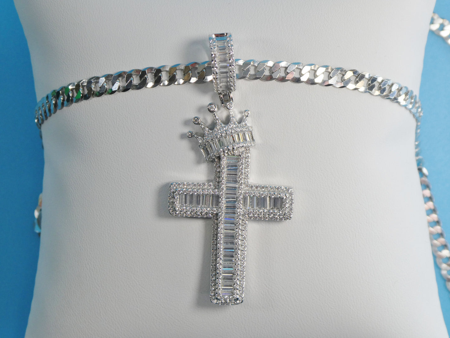 Sterling Silver Crown Cross Pendant: 14k White Gold Tone Cuban Chain