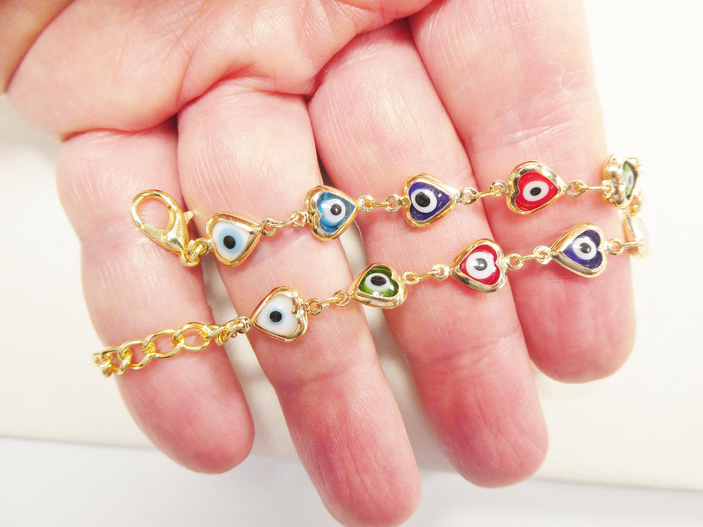 6.5 inch plus extension evil eye 14k gold filled heart blue color bracelet