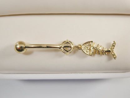 14k Real Solid Yellow Gold Fish Skeleton Dangling Belly Button Ring Piercing