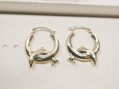 10k Real Solid Yellow Gold Dolphin Hoop Earrings