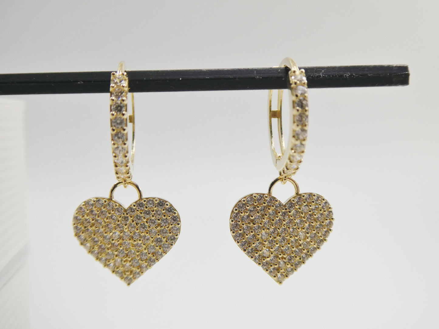 real 10k solid yellow gold dangle heart full micro fave setting hoop huggie earrings