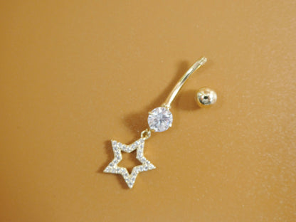 14k Real Solid Yellow Gold Dangling Star Belly Button Ring Piercing