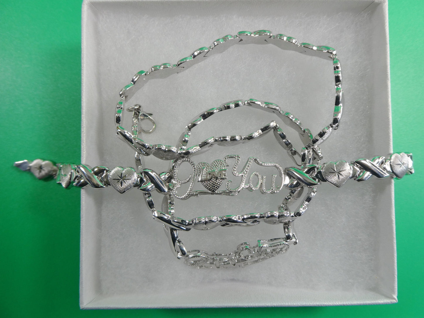 925 real sterling silver I love you xoxo hugs and kisses stampato 14k white gold tone color