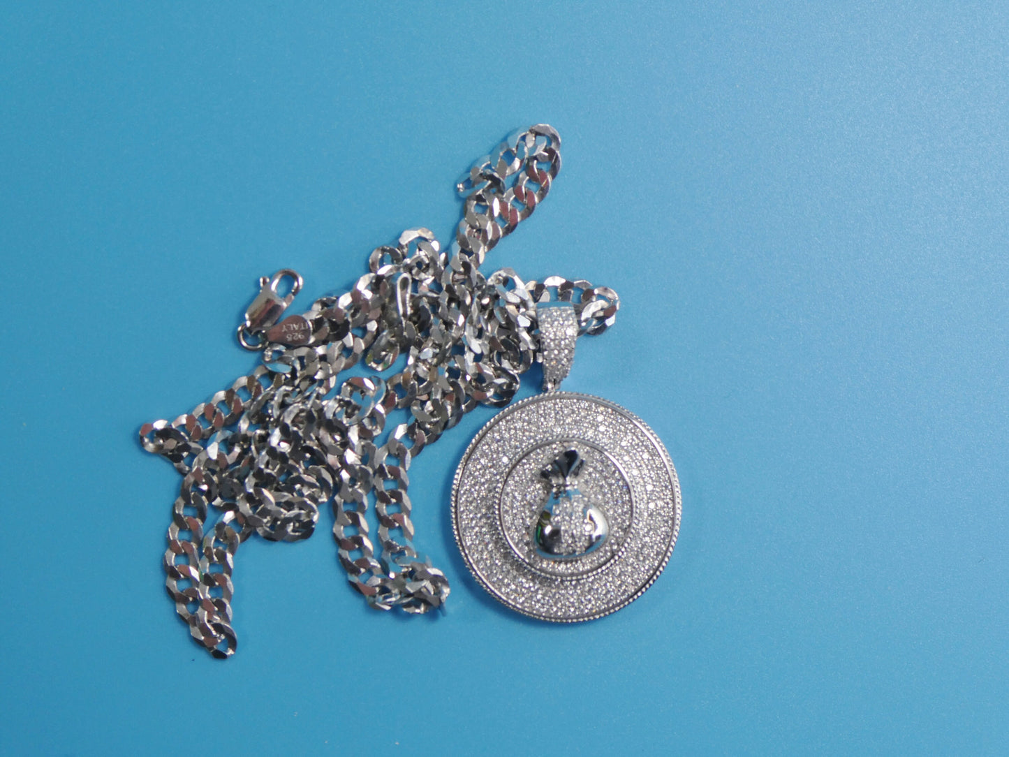 14k white gold color tone chain and large money sign charm pendent over real 925 sterling silver