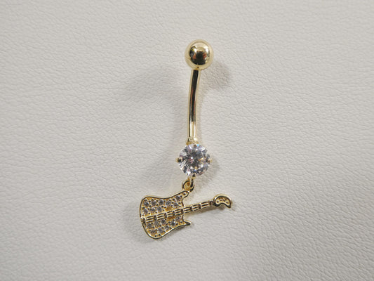 14k real solid yellow gold guitar dangling belly button ring piercing