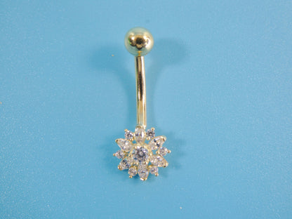 14k Real Solid Yellow Gold Flower Belly Button Ring Piercing