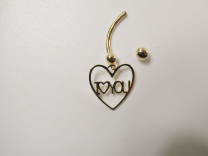 14k Real Solid Yellow Gold Heart I Love You  Belly Button Ring Piercing