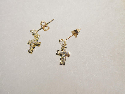 Real 10k Solid Yellow Gold Cross Dropping Push Post Earrings