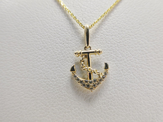 14k real solid yellow gold anchor pendent and cable necklace