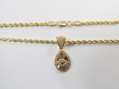 10k Real Solid Yellow Gold Evil Eye Pendent and Rope Necklace
