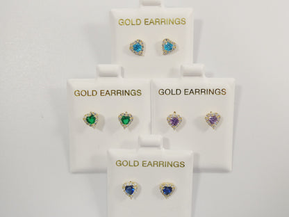 10k Real Solid Yellow Gold Screw Back Children Birth Stone Earrings Heart Shape