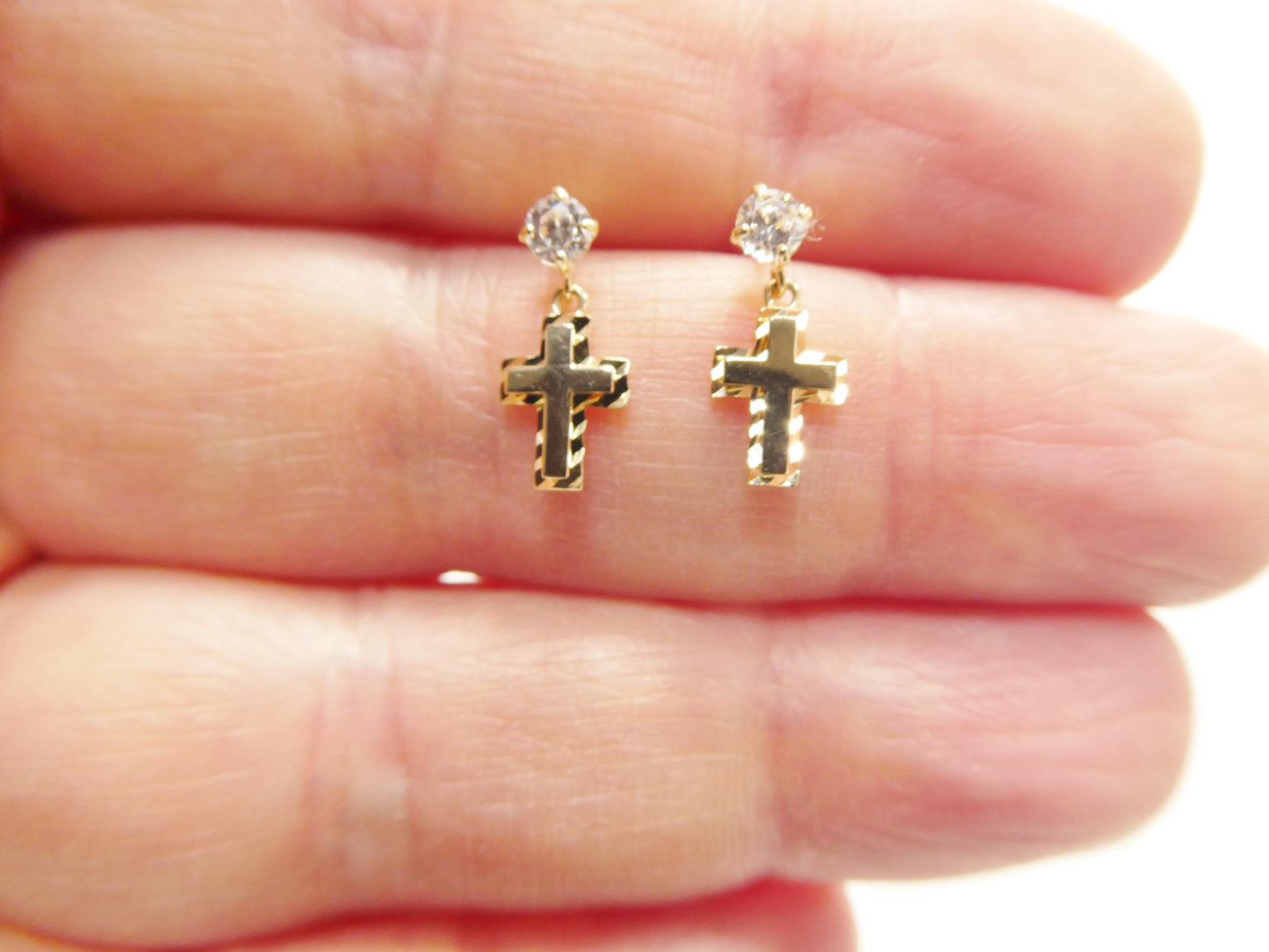 real 10k solid yellow gold cross dropping push post earrings
