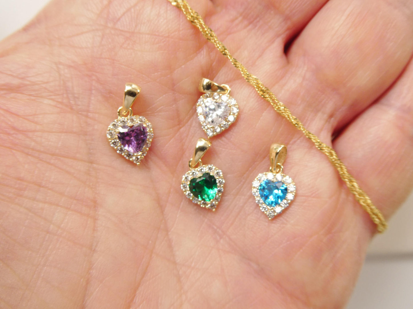 10k real solid yellow gold 16 inch necklace and color stone heart pendent set