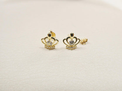 Real 10k Solid Yellow Gold Crown Style Push Post Circle Stud Earrings