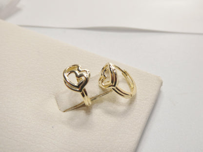 Real 10k Solid Yellow Gold Designer Double Heart  Hoop Huggie Earrings