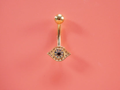14k Real Solid Yellow Gold Evil Eye Belly Button Ring Piercing