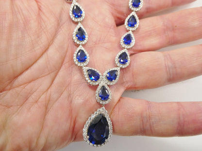 Real 925 Sterling Silver Teardrop Blue Sapphire Women Necklace