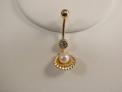 14k Real Solid Yellow Gold Freshwater Pearl Shell Belly Button Ring Piercing