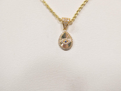 10k Real Solid Yellow Gold Evil Eye Pendent and Rope Necklace